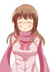  achiga_school_uniform agenasu blush breast_squeeze breasts brown_hair closed_eyes facing_viewer glasses large_breasts long_hair matsumi_yuu saki scarf simple_background solo v_arms white_background 