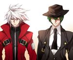  blazblue cloak fedora glowing glowing_eye green_eyes green_hair hat hazama heterochromia multiple_boys necktie ragna_the_bloodedge red_eyes short_hair silver_hair yasshan yellow_eyes 