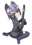  blush evandragon eyepatch gloves headgear kantai_collection long_sleeves open_mouth purple_hair short_hair sitting skirt solo tenryuu_(kantai_collection) yellow_eyes younger 