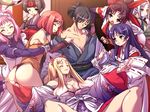  1boy 6+girls akaga_hirotaka angry animal_ears ass atelier_kaguya black_hair blonde_hair blue_eyes blue_hair breasts brown_hair cleavage elf eyes_closed fox_ears game_cg hair_ribbon harem highres inou_haden_amatsu:_hakudaku_no_fuuin japanese_clothes kunoichi large_breasts legs long_hair maid miko multiple_girls ninja open_mouth pimp pink_hair pointy_ears red_eyes red_hair ribbon short_hair sitting smile spread_legs standing thighs throne wince 