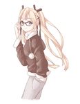  adjusting_hair bespectacled blonde_hair blue_eyes casual dead_or_alive dead_or_alive_5 formless_god glasses hair_ribbon hand_in_pocket hood hoodie long_hair marie_rose ribbon smile solo twintails 