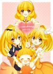 4girls :d bad_end_peace bad_end_precure birthday black_bodysuit blonde_hair bodysuit bow choker cure_peace dark_persona dated double_v fingerless_gloves gloves hair_flaps hair_ornament hairband happy happy_birthday kise_yayoi long_hair looking_at_viewer magical_girl multiple_girls multiple_persona necktie open_mouth orange_skirt ponytail precure puffy_sleeves sausu_(himakuma) school_uniform short_hair skirt smile smile_precure! time_paradox v white_hairband yellow yellow_bow yellow_eyes younger 