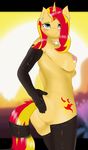  anthro anthrofied blonde_hair blue_eyes blush breasts butt collar cutie_mark elbow_gloves equestria_girls equine female friendship_is_magic gloves hair horn horse legwear looking_at_viewer mammal my_little_pony nipples nude piercing pony red_hair rubber solo standing stockings sunset_shimmer_(eg) thigh_highs unicorn xorza 