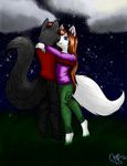  anthro barefoot beautiful blue_eyes canine chiroina chyo clothing cloud couple duo female hair hopeie long_hair love male mammal moon night outside romantic sky stars wolf 