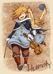  animal_ears blonde_hair blue_eyes boots bow bow_(instrument) bunny_ears buttons character_name closed_eyes collar copyright_name dual_persona earrings final_fantasy final_fantasy_tactics_a2 final_fantasy_tactics_advance hurdy instrument jewelry male_focus moogle music notes open_mouth personification star teeth violin wings yumeutu-aoi 
