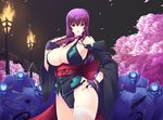  armpits bare_shoulders black_gloves breasts cherry_blossoms cleavage detached_sleeves fan fingerless_gloves folding_fan gloves haganef hand_on_hip happy_birthday highres japanese_clothes kouzuki_yuuko large_breasts long_hair long_sleeves looking_at_viewer muvluv night ninja obi open_mouth petals purple_hair red_eyes revealing_clothes sash sideboob single_thighhigh solo_focus thighhighs torch tsurime underboob white_legwear wide_sleeves 
