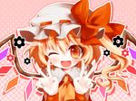 bad_id bad_pixiv_id blonde_hair bow double_v fang flandre_scarlet happy hat hat_bow one_eye_closed oshio_(dayo) red_eyes side_ponytail solo touhou v wings 