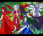  blue_dress blue_eyes blue_hair crescent dress from_side green_eyes green_hair hat kudamatu lavender_hair letterboxed long_hair mima multiple_girls multiple_wings okazaki_yumemi profile purple_eyes red_dress red_eyes red_hair sariel shinki short_hair tabard tate_eboshi touhou touhou_(pc-98) very_long_hair white_dress wings 