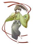  aino_yumeri barefoot brown_eyes brown_hair closed_fan fan folding_fan hair_ribbon hakama japanese_clothes long_hair miko original ponytail ribbon sleeves_past_wrists smile solo wide_sleeves 