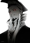  1boy beard chinese_clothes closed_mouth facial_hair fate/grand_order fate_(series) forehead_jewel gem greyscale hat highres male_focus monochrome mustache prototype qin_shi_huang_(fate/grand_order) red_eyes ruint serious signature simple_background solo spot_color upper_body white_background 