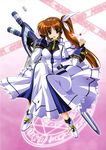  absurdres brown_hair fingerless_gloves gloves headset higa_yukari highres long_hair lyrical_nanoha magic_circle magical_girl mahou_senki_lyrical_nanoha_force official_art open_mouth purple_eyes raising_heart side_ponytail solo strike_cannon takamachi_nanoha very_long_hair weapon wings 