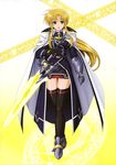  absurdres bardiche black_gloves black_legwear blonde_hair cape energy_sword fate_testarossa gauntlets gloves higa_yukari highres long_hair lyrical_nanoha magic_circle mahou_senki_lyrical_nanoha_force official_art red_eyes solo sword thighhighs very_long_hair weapon zettai_ryouiki 