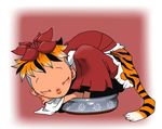  animal_print black_hair blonde_hair closed_eyes commentary curled_up hair_ornament in_bowl in_container multicolored_hair onikobe_rin pun shirt skirt sleeping solo tail tiger_print tiger_tail toramaru_shou touhou two-tone_hair 