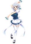  apron blue_eyes blush braid garter_straps highres izayoi_sakuya knife kuru2pantu maid maid_headdress open_mouth ribbon short_hair short_sleeves silver_hair skirt solo thighhighs touhou twin_braids vest white_legwear 