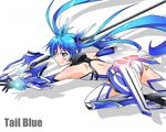  &gt;:) antenna_hair armor armpits ass back bangs bare_shoulders black_gloves blue_eyes blue_hair blush character_name elbow_gloves er34skyline flat_chest floating_hair flying from_side gloves greaves headgear high_heels holding holding_weapon leg_lift leotard light_smile long_hair looking_at_viewer looking_back magical_girl mecha_musume neon_trim ore_twintail_ni_narimasu outstretched_arm polearm shadow simple_background smile solo spear tailblue thighhighs twintails v-shaped_eyebrows vambraces very_long_hair weapon white_background white_legwear 