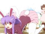  alternate_hairstyle animal_ears bow bunny_ears bunny_tail carrot carrot_necklace commentary_request dress hair_bow hose inaba_tewi jewelry long_hair multiple_girls necklace necktie pendant ponytail purple_hair red_eyes reisen_udongein_inaba rope shirosato short_hair skirt smile tail thighhighs touhou water white_legwear 