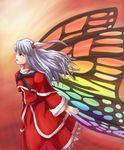  alternate_wings butterfly_wings gastdream_(artist) hair_bobbles hair_ornament highres multicolored multicolored_wings purple_eyes shinki side_ponytail silver_hair touhou touhou_(pc-98) wings 