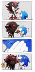  4koma animal_ears annoyed bad_id bad_pixiv_id bracelet chiro_(pez777) comic fur gloves green_eyes grey_background hands_on_hips heart highres jewelry multiple_boys petting red_eyes sega shadow_the_hedgehog shoes simple_background sneakers sonic sonic_the_hedgehog translation_request wavy_mouth younger 
