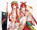  1girl brother_and_sister brown_eyes china_dress chinese_clothes collarbone dress floral_print green_hat hair_ornament hair_rings hat long_hair looking_at_viewer magi_the_labyrinth_of_magic navel navel_cutout open_mouth red_eyes red_hair ren_kougyoku ren_kouha shorts siblings simple_background standing sword twintails very_long_hair wand weapon white_background white_dress wide_sleeves 