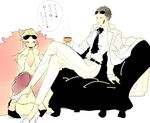  2girls black_hair blonde_hair blush donquixote_doflamingo donquixote_pirates feather_boa female formal genderswap legs_crossed multiple_girls necktie roco64 short_hair sitting suit sunglasses sunglasses_on_head translation_request vergo 