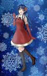  :d alternate_costume bare_shoulders blue_eyes blue_hair blush boots christmas dress elbow_gloves fire_emblem fire_emblem:_monshou_no_nazo flower gloves hair_flower hair_ornament high_heels highres knee_boots long_hair open_mouth red_gloves santa_costume santa_gloves sheeda smile snowflakes solo star starry_background wasabi_(legemd) 