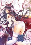  ainili ass black_hair blue_eyes braid flower garter_straps long_hair looking_at_viewer looking_back original panties ribbon skirt solo thighhighs thighs underwear very_long_hair white_legwear 