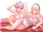  all_fours arm_support bikini blonde_hair blue_eyes blush breasts celia_kumani_entory cleavage drill_hair hairband kisaki_mio kurorettsu large_breasts long_hair looking_at_viewer multiple_girls o-ring o-ring_bottom o-ring_top open_mouth parted_lips pink_hair purple_eyes salute shiny shiny_skin short_hair skindentation smile swimsuit v walkure_romanze 