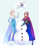  anna_(frozen) blonde_hair blue_eyes blush bodice braid cape capelet dress elsa_(frozen) floating frozen_(disney) gown highres lips lipstick long_hair makeup multiple_girls nair olaf_(frozen) open_mouth princess queen red_hair siblings single_tooth sisters snowman twin_braids winter winter_clothes 