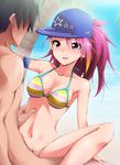  1girl armlet baseball_cap bikini_top blush bottomless breasts censored cleavage cowgirl_position cum cum_in_pussy girl_on_top hat hetero highres idolmaster idolmaster_million_live! jewelry kaiga long_hair long_legs maihama_ayumu medium_breasts multicolored_hair navel penis petite pink_eyes pink_hair pubic_hair pussy sex sitting sitting_on_person smile solo_focus spread_legs straddling striped sweat swimsuit vaginal 