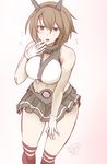 bad_id bad_pixiv_id bare_shoulders breasts brown_eyes brown_hair hairband heart heavy_breathing highres kantai_collection large_breasts looking_at_viewer miniskirt mutsu_(kantai_collection) open_mouth skirt solo sorono 