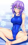  arm_support blue_eyes blush breasts candy competition_swimsuit covered_navel food highres indian_style large_breasts lollipop looking_at_viewer mouth_hold one-piece_swimsuit purple_hair rosario+vampire sen_(sansui) shirayuki_mizore short_hair sitting smile solo swimsuit 