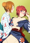  alternate_hairstyle animal_print bad_id bad_pixiv_id blush braid brown_hair closed_eyes fish_print hair_bun hair_ornament hair_up hairclip inuzuka_bouru japanese_clothes kimono kousaka_honoka long_hair love_live! love_live!_school_idol_project lying multiple_girls nishikino_maki no_bra no_panties on_back out-of-frame_censoring polka_dot polka_dot_kimono purple_eyes red_hair short_hair sitting smile tears undressing yukata yuri 