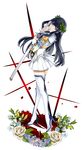  absurdres bad_id bad_pixiv_id black_hair blue_eyes boots dress epaulettes flower high_heel_boots high_heels highres junketsu kill_la_kill kiryuuin_satsuki km_(kyoma0) laurel_crown long_hair looking_back solo sword thigh_boots thighhighs weapon 