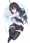  ahoge black_hair black_legwear blue_eyes blush electricity hair_ornament hairclip long_hair original ray-akila ray_littlechamber simple_background skirt solo thighhighs vest white_background 