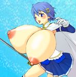  1girl blue_eyes blue_hair blush breast_expansion breasts breasts_outside dress female gigantic_breasts mahou_shoujo_madoka_magica miki_sayaka misochige nipples open_mouth shaft short_hair solo standing sword tongue tongue_out weapon wink 