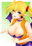  arcana_heart bandeau blonde_hair blue_eyes breasts earrings fang jacket jewelry large_breasts lilica_felchenerow nipples pointy_ears solo tomatto_(@ma!) twintails wings 