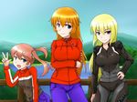  alternate_costume blonde_hair breasts charlotte_e_yeager commentary_request cosplay francie_gerard isosceles_triangle_(xyzxyzxyz) large_breasts looking_at_viewer marian_e_carl md5_mismatch multiple_girls noble_witches orange_hair red_hair smile strike_witches twintails world_witches_series 