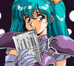  1girl 80s aliasing animated animated_gif aqua_hair armor blinking brown_eyes character_request copyright_request dithering green_hair looking_at_viewer magazine oldschool pc_engine solo source_request talking twinkle twintails urushihara_satoshi 