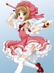  brown_hair cardcaptor_sakura clow_card dress fuji_shinobu green_eyes hat highres kinomoto_sakura magical_girl mary_janes over-kneehighs pink_hat shoes short_hair solo standing standing_on_one_leg thighhighs wand 