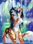  bathing black_hair breasts eyes_closed feline female hair long_hair mammal navel no_nipples nude smile solo standing tasteful_nudity tiger unicornblue water waterfall wet 