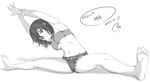  armpits arms_up bandeau barefoot cutoffs denim denim_shorts feet full_body greyscale kanbaru_suruga midriff monochrome monogatari_(series) navel nisemonogatari piro_(orip) short_hair short_shorts shorts solo split stretch 