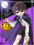  1boy cape child collared_shirt frilled_shirt frills halloween jack-o&#039;-lantern jack-o'-lantern kiriya_gymno long_sleeves male male_focus moon nori_(school_boys!) pumpkin purple_eyes purple_hair school_boys! shirt shorts smile smug solo white_shirt 