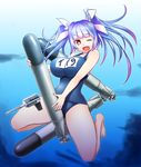  blue_hair breasts fang holding holding_torpedo i-19_(kantai_collection) kantai_collection large_breasts long_hair one-piece_swimsuit one_eye_closed red_eyes school_swimsuit soubee1 star star-shaped_pupils swimsuit symbol-shaped_pupils torpedo twintails underwater 