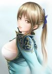  breasts brown_hair hair_ribbon large_breasts light_smile long_hair looking_at_viewer nannacy7 ponytail ribbon sangoku_musou solo wang_yuanji 