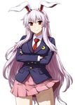  animal_ears ass_visible_through_thighs bunny_ears crossed_arms highres itou_yuuji jacket long_hair long_sleeves looking_at_viewer necktie purple_hair red_eyes red_neckwear reisen_udongein_inaba shirt simple_background skirt smile solo touhou very_long_hair white_background 