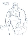  beef canine chubby construction cute english_text fur hard_hat helmet looking looking_at_viewer male mammal musclechub musclefur musclegut muscles nipples overalls pecs solo suggestive sweat tcw text wolf 