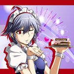  ahoge apron birthday_cake blown_kiss blush braid breasts cake earrings food happy_birthday izayoi_sakuya jewelry maid_apron maid_headdress one_eye_closed puffy_short_sleeves puffy_sleeves red_eyes samuimu short_hair short_sleeves silver_hair small_breasts solo touhou twin_braids wrist_cuffs 