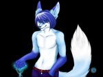 blue_eyes blue_fur blue_hair canine cornflower fox fur glowing hair jeans lokis-lovables male mammal solo topless 