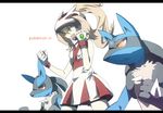  bare_shoulders bicycle_helmet bike_shorts blonde_hair blue_eyes eggtofu fingerless_gloves gen_4_pokemon gloves gym_leader helmet koruni_(pokemon) long_hair lucario open_mouth pokemon pokemon_(creature) pokemon_(game) pokemon_xy ponytail red_eyes 