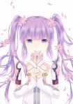  alternate_costume flower hair_flower hair_ornament hands_together holding kai_aki long_hair looking_at_viewer petals purple_eyes purple_hair sidelocks smile solo sophie_(tales) tales_of_(series) tales_of_graces twintails upper_body white_background 